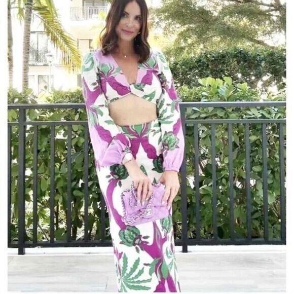 New Caroline Constas multicolor palm tropical Linen Pink Green Midi Skirt Medium - Picture 13 of 13